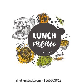 Lunch menu concept design. Round circle composition. Hand drawn vector illustration. Can be used for menu, cafe, restaurant, poster, banner, logo, emblem, sticker, placard and other design.