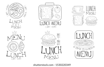 Lunch Menu Hand Drawn Retro Labels Set, Time to Lunch Monochrome Badges Vector Illustration