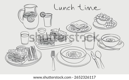 Lunch menu illustration. Hand drawn lunch food. Lunch sketch icon set. Lunch table. Food illustration.