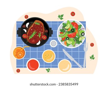 Lunch menu is meat and vegetable salad with various sauces, orange juice, desk top view vector illustration.