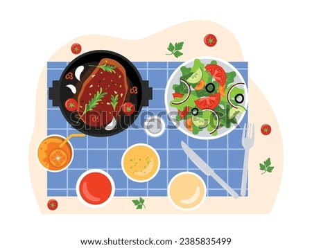 Lunch menu is meat and vegetable salad with various sauces, orange juice, desk top view vector illustration.