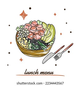 Lunch menu, wheat porridge with vegetables and meat, colorful doodle style illustration