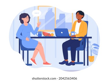 Lunch in office concept. Man and woman sitting at table, discussing plan and eating fruit. Employees communicate with each other. Cartoon flat vector illustration isolated on white background