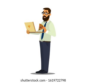 Lunch at the office. Office worker snacking on pizza at work. Vector illustration of a flat design.