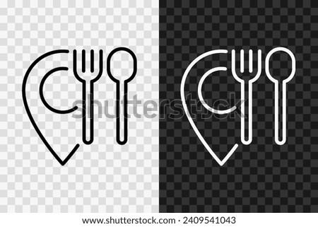 Lunch on the map, line icon, high quality vector editable stroke symbol. Catering establishment outline sign isolated on dark and light transparent background. Canteen