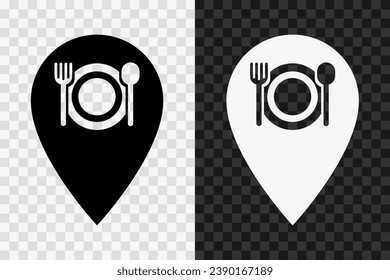 Lunch on the map, silhouette icon, vector glyph sign. Lunch marker on the map, symbol isolated on dark and light transparent backgrounds.