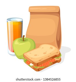 Lunch Paper Bag With Juice, Apple And Sandwich. Recycle Brown Paper Bag. Flat Vector Illustration Isolated On White Background.