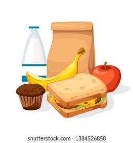 Lunch Paper Bag With Juice, Apple And Sandwich. Recycle Brown Paper Bag. Flat Vector Illustration Isolated On White Background.