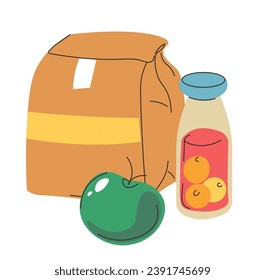 Lunch paper bag with juice and apple. Isolated recycle package with bottle and fruit. Healthy and balanced food for school. Organic and natural products for good well being. Vector in flat style
