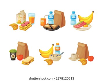 Lunch paper bags set. Juice, fruit and sandwiches in brown paper bag cartoon vector illustration