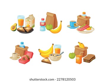 Lunch paper bags set. Takeaway cup of coffee, fruit, sausage and sandwich in brown paper bag cartoon vector illustration