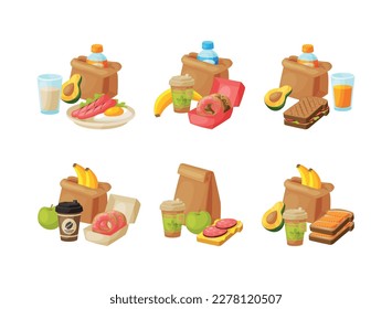 Lunch paper bags set. Takeaway cup of coffee, fruit, dunut and sandwich in brown paper bag cartoon vector illustration