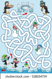 Lunch at penguins  Penguin kids are trying to find path back to home where parents are waiting and lunch  Labyrinth for kids  Variant and zigzag labyrinth  portrait  easy 