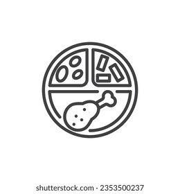 Lunch plate line icon. linear style sign for mobile concept and web design. Fried chicken leg and pasta outline vector icon. Symbol, logo illustration. Vector graphics