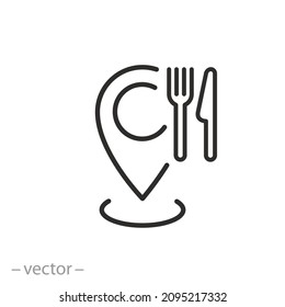 lunch point icon, location restaurant or caffe, pin on map for eat, food on the road, cutlery, fork and knife, thin line symbol - editable stroke vector illustration