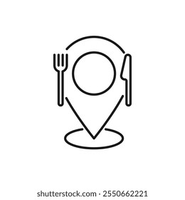 lunch point icon, location restaurant or caffe, pin on map for eat, food on the road, cutlery, fork and knife, thin line symbol - editable stroke vector illustration