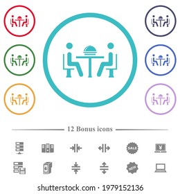 Lunch in restaurant flat color icons in circle shape outlines. 12 bonus icons included.