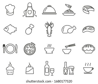 Lunch Or Restaurant Lunch Icons Black White Thin Line Set Big