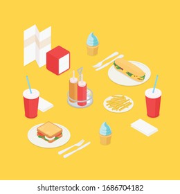 Lunch in a restaurant set. Isometric vector illustration in flat design.