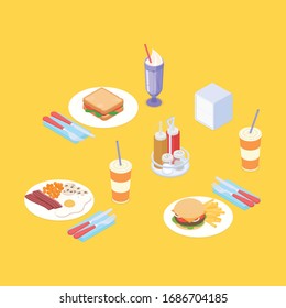 Lunch in a restaurant set. Isometric vector illustration in flat design.
