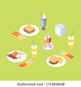 Lunch in a restaurant set. Isometric vector illustration in flat design.