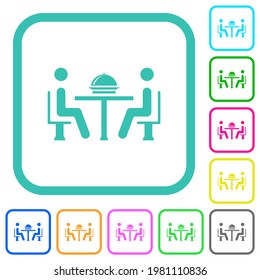 Lunch in restaurant vivid colored flat icons in curved borders on white background