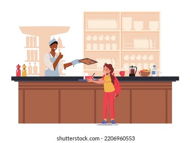 Lunch In School Cafeteria Concept. Girl Pupil Eating In School Canteen Or Cafe. Child Character Stand At Counter For Buying Food during Break at Catering or Buffet. Cartoon People Vector Illustration