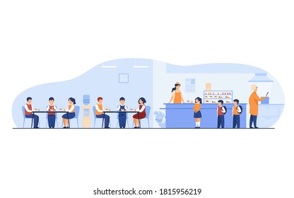 Lunch In School Cafeteria Concept. Teen Boys And Girls Eating In School Canteen Or Cafe, Standing At Counter For Buying Food. For Catering, Buffet, School Break, Facilities Topics