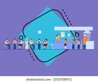 Lunch in school cafeteria concept. Teen boys and girls eating in school canteen or cafe, standing at counter for buying food. For catering, buffet, school break, facilities topics