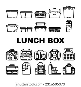 iconos de la caja de comidas de la escuela de almuerzo conjunto vector. harina de bocadillos, sándwich sano, recipiente, bolsa de manzanas, niños de plástico fruta verde almuerzo escolar caja de comida de almuerzo ilustraciones de contorno negro