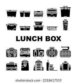 lunch school food box lunchbox icons set vector. snack meal, sandwich healthy, container, apple bag, kid children plastic fruit green lunch school food box lunchbox glyph pictogram Illustrations