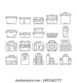 lunch school food box lunchbox icons set vector. snack meal, sandwich healthy, container, apple bag, kid children plastic fruit green lunch school food box lunchbox black contour illustrations