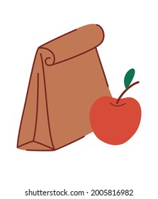 Lunch For School. Paper Bag With Food And An Apple. Lunch Box For Children. Take It With You. Recycle Brown Paper Bag. Flat Vector Illustration Isolated On White Background.