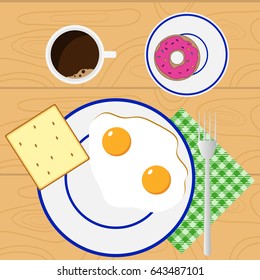 Lunch, scrambled eggs on a plate, a cup of coffee. Flat design, vector illustration, vector.