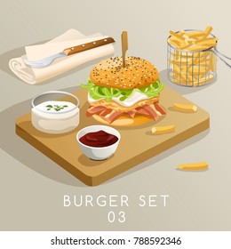 Lunch Set : Burgers and French Fries : Vector Illustration