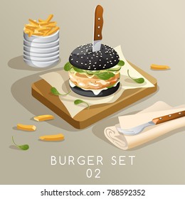 Lunch Set : Burgers and French Fries : Vector Illustration