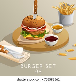 Lunch Set : Burgers and French Fries : Vector Illustration