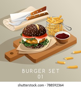 Lunch Set : Burgers and French Fries : Vector Illustration