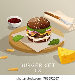 Lunch Set : Burgers and French Fries : Vector Illustration