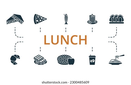 Comida. Iconos creativos: sándwiches, pizzas, batidos, crepes, onigiri, cruasán, gofre, tarta de manzana, café, espagueti.