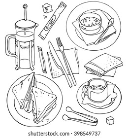 Lunch set: french-press, sugar, cup, knife, fork, sandwich, spoon, napkin, sugar tongs, dessert.  Hand-drawn design elements.