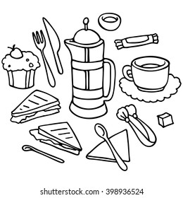 Lunch set: french-press, sugar, cup, knife, fork, sandwich, spoon, napkin, sugar tongs, dessert. Set of simple line drawings.
