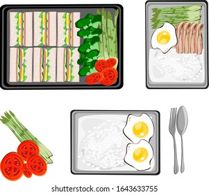 Lunch set, rice, fried eggs, pork belly, fried sandwiches, and boiled vegetables, bamboo shoots, tomato slices Healthy food and weight loss