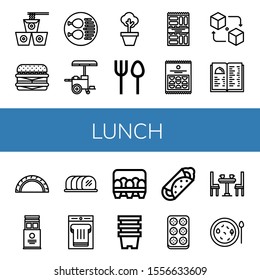 lunch simple icons set. Contains such icons as Noodles, Cheeseburger, Chicken leg, Hot dog, Pot, Cutlery, Snack, Crisps, Packet, Menu, Cheburek, can be used for web, mobile and logo