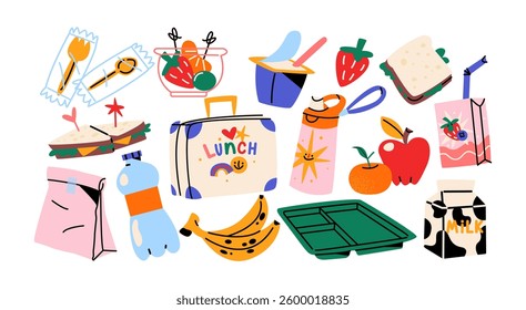 Lunch and snack stickers set. Cartoon takeout boxes, sandwiches, drinks, snacks, and school lunch essentials. Fun doodle colorful illustrations for lunchtime and take away food