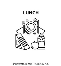 Lunch Snack Vector Icon Concept. Sandwich With Meat Or Fish Fillet With Bread, Vitamin Apple Fruit And Juice Drink Bottle Lunch Snack. Delicious Food Eating In Cafe Or Restaurant Black Illustration