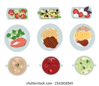 Lunch, soup, meat and fish dishes with side dishes, salad on ceramic plates.   View from above. Vector illustration.