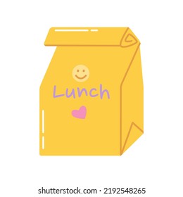 Lunch for student in paper bag, vector flat illustration on white background.