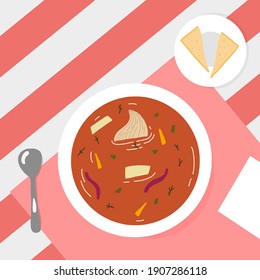 Lunch in the style of a cartoon flat. Vector illustration of a plate of soup.Vector illustration on the theme of food. 