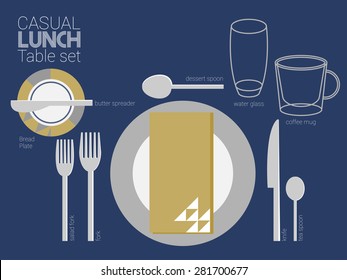 LUNCH TABLE SETTING
Cool modern style is a main theme for this table setting and needed tableware  are all set for lunch place setting.